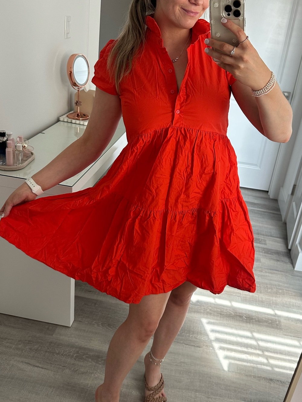 Reserved Bright Red Short Sleeve Tiered Mini Dress